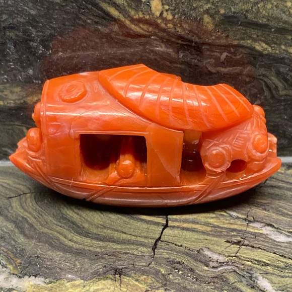 Chinese Fish Boat Artisan South Red Agate Figurine Bead Vintage